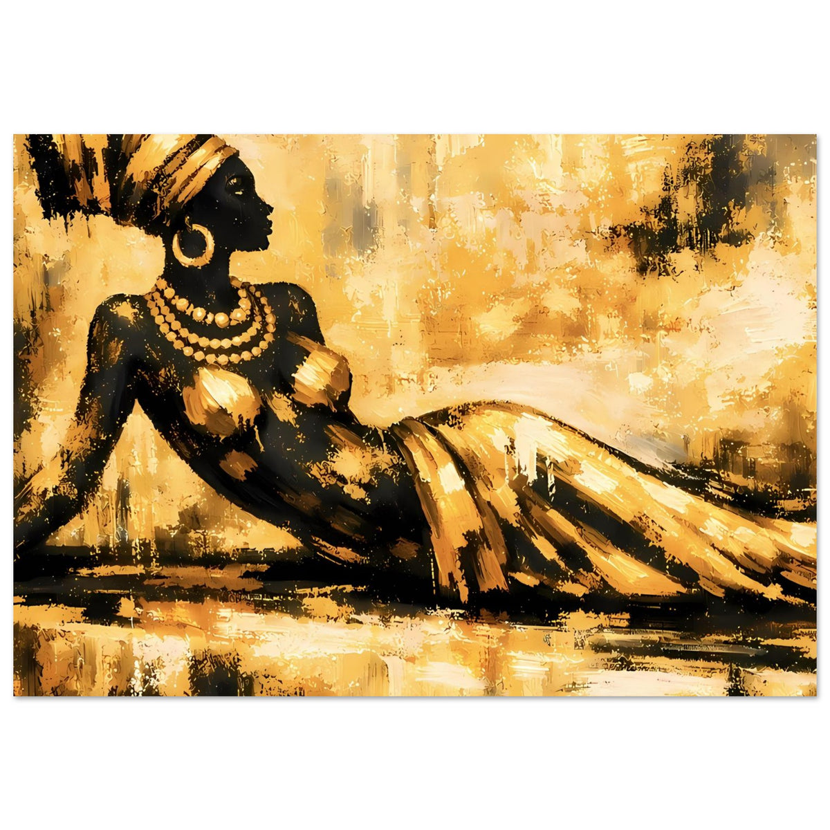 Kunst-Poster im Querformat: liegende schwarze Frau mit goldfarbenem Schmuck, abstrakte Pinseloptik.