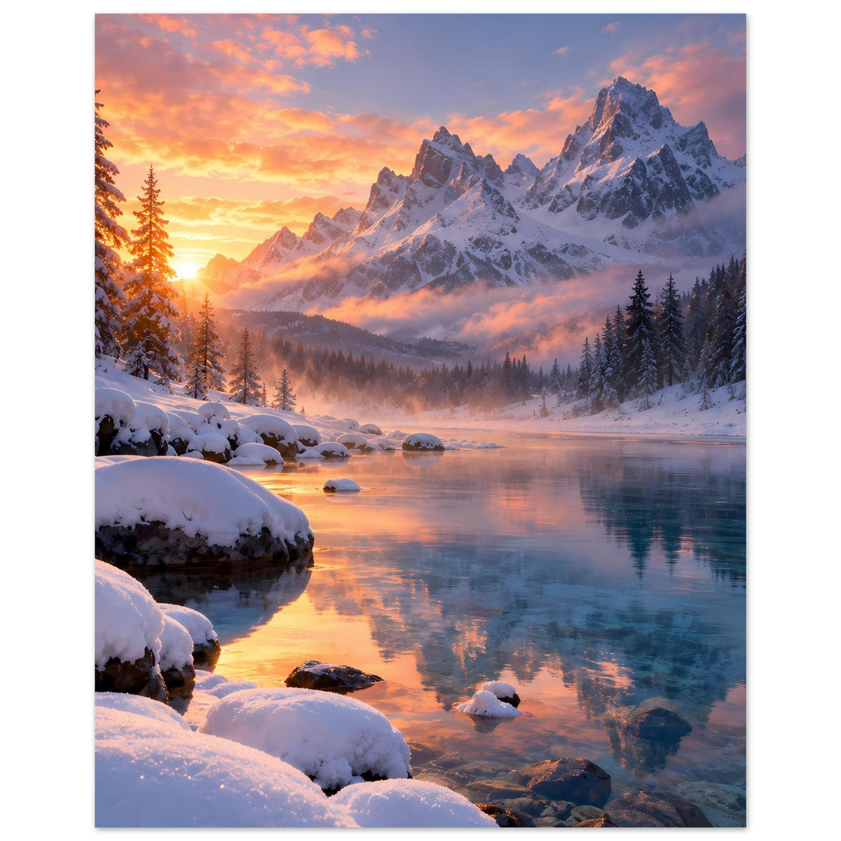 Winterlandschaft-Wandposter im Hochformat: schneebedeckte Felsen, Tannenwald, Berge, reflektierendes Wasser