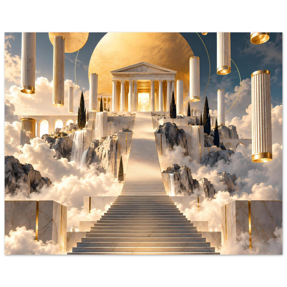 Horizontales Wandposter mit goldenem Tempelportal, Säulen und Wolken über Treppenweg