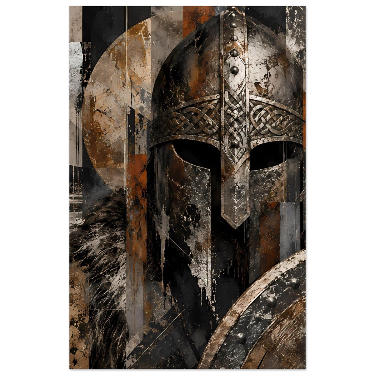 Art Poster im Hochformat: Fokus auf Wikingerhelm mit Runenmuster und Schildrand