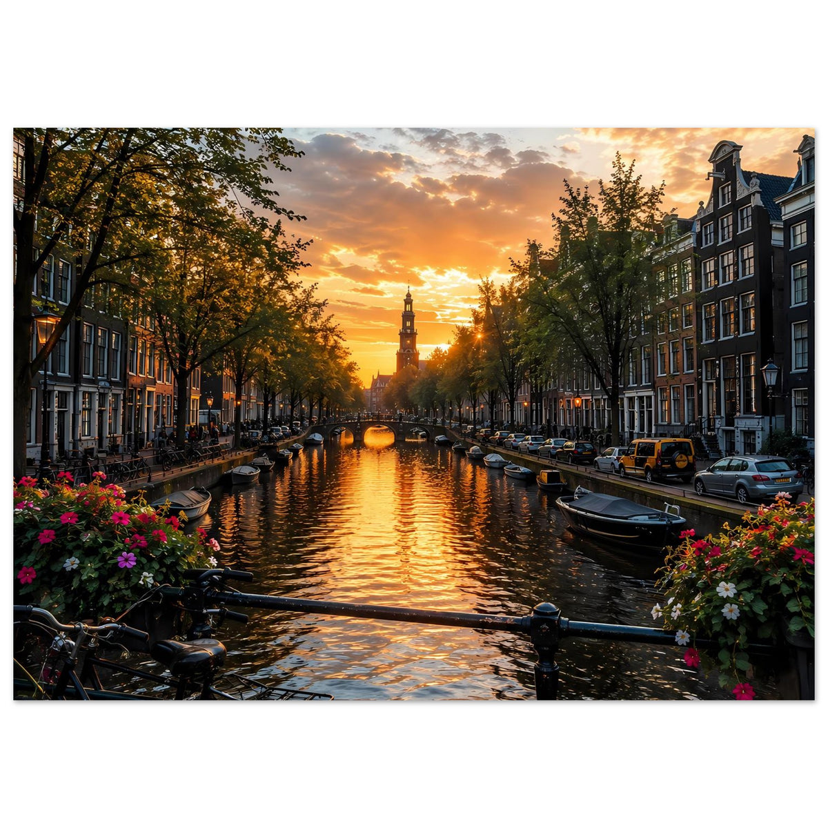 Horizontales Poster: Amsterdamer Kanal bei Sonnenuntergang, Häuserzeile, Boote und Blumen