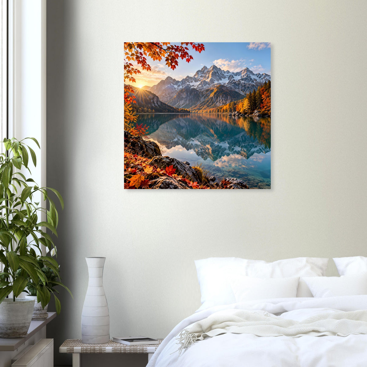Quadratisches Wandposter mit Alpenblick im Herbst, Berge und See bei Tageslicht
