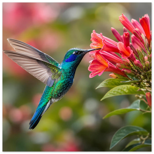 Naturposter mit blaugrünem Kolibri im Flug, Flügel ausgebreitet, auf pinken Blüten