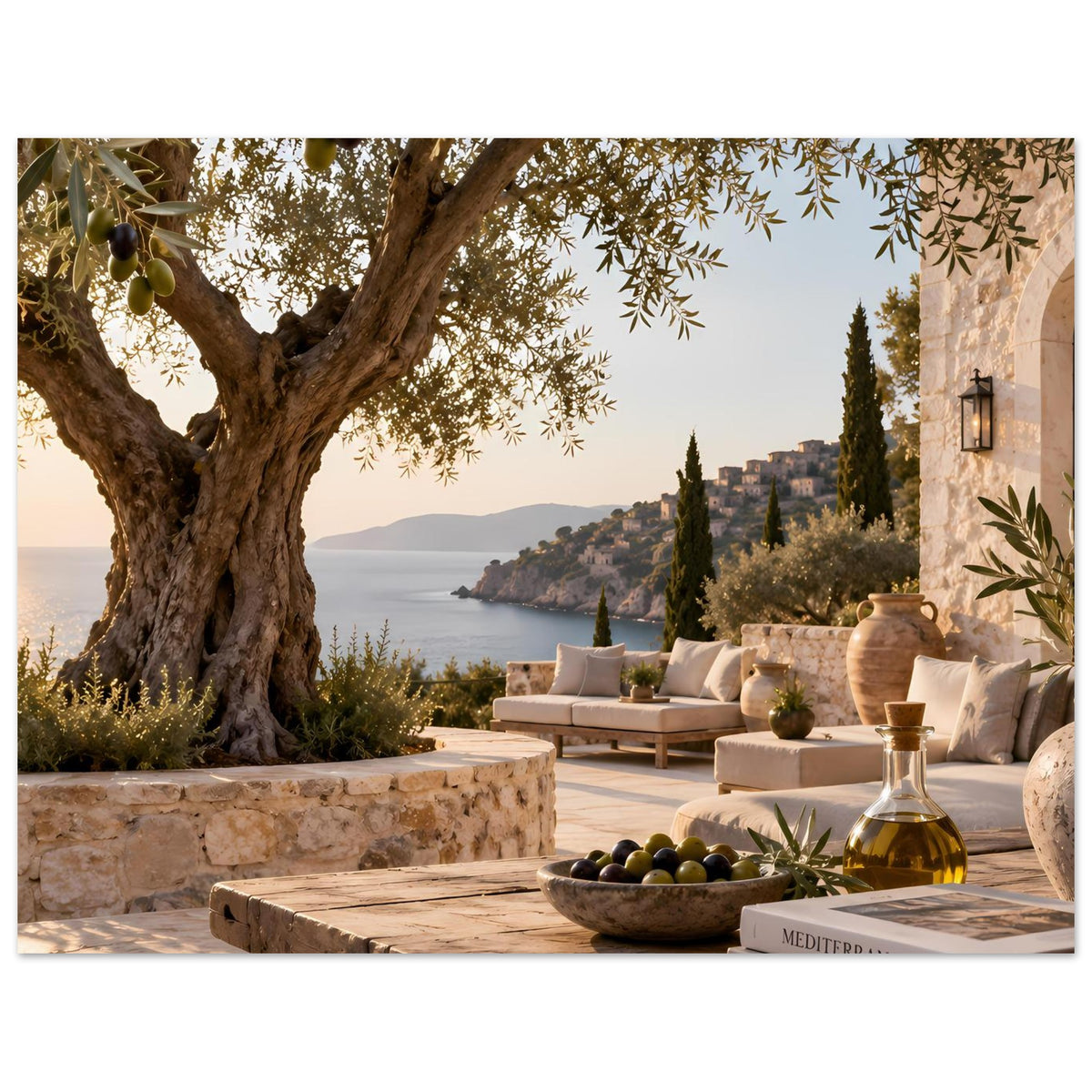 Poster im Hochformat mit mediterraner Terrasse, Olivenbaum, Laterne rechts und Öllflasche