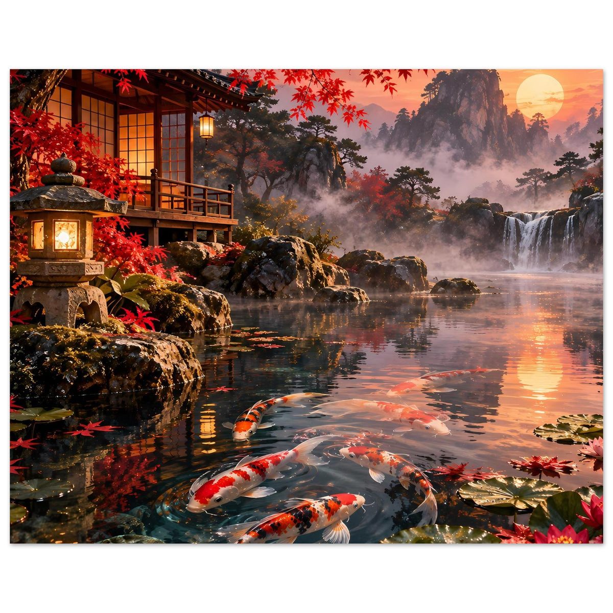 Gerahmtes Landschafts-Poster: bunte Koi schwimmen im Teich, Nebel und rotes Herbstlaub