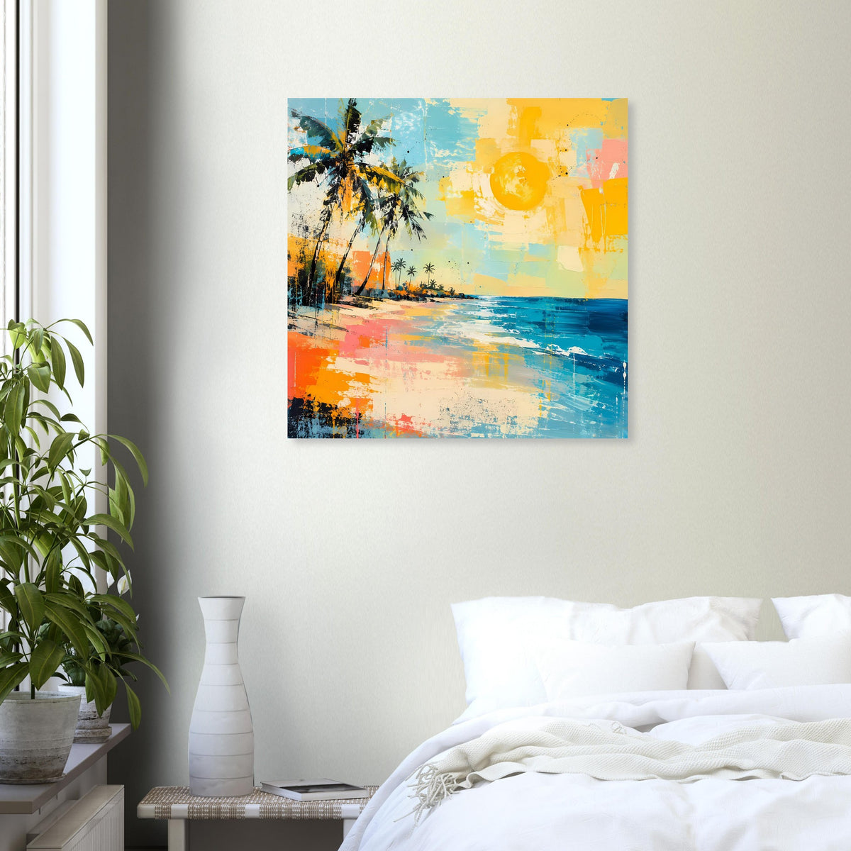 Quadratisches Poster: Palmen am Strand, reflektierendes Meer und gelbe Sonne