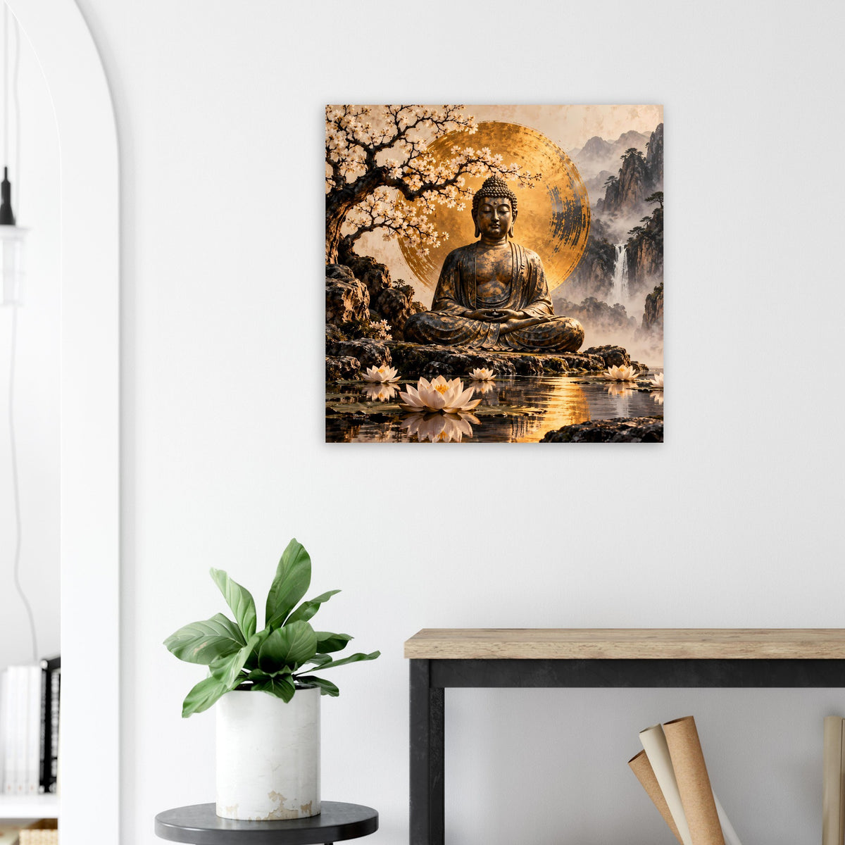 Gerahmtes Buddha-Zen-Poster mit goldener Aura, sitzendem Buddha und Wasserreflexen