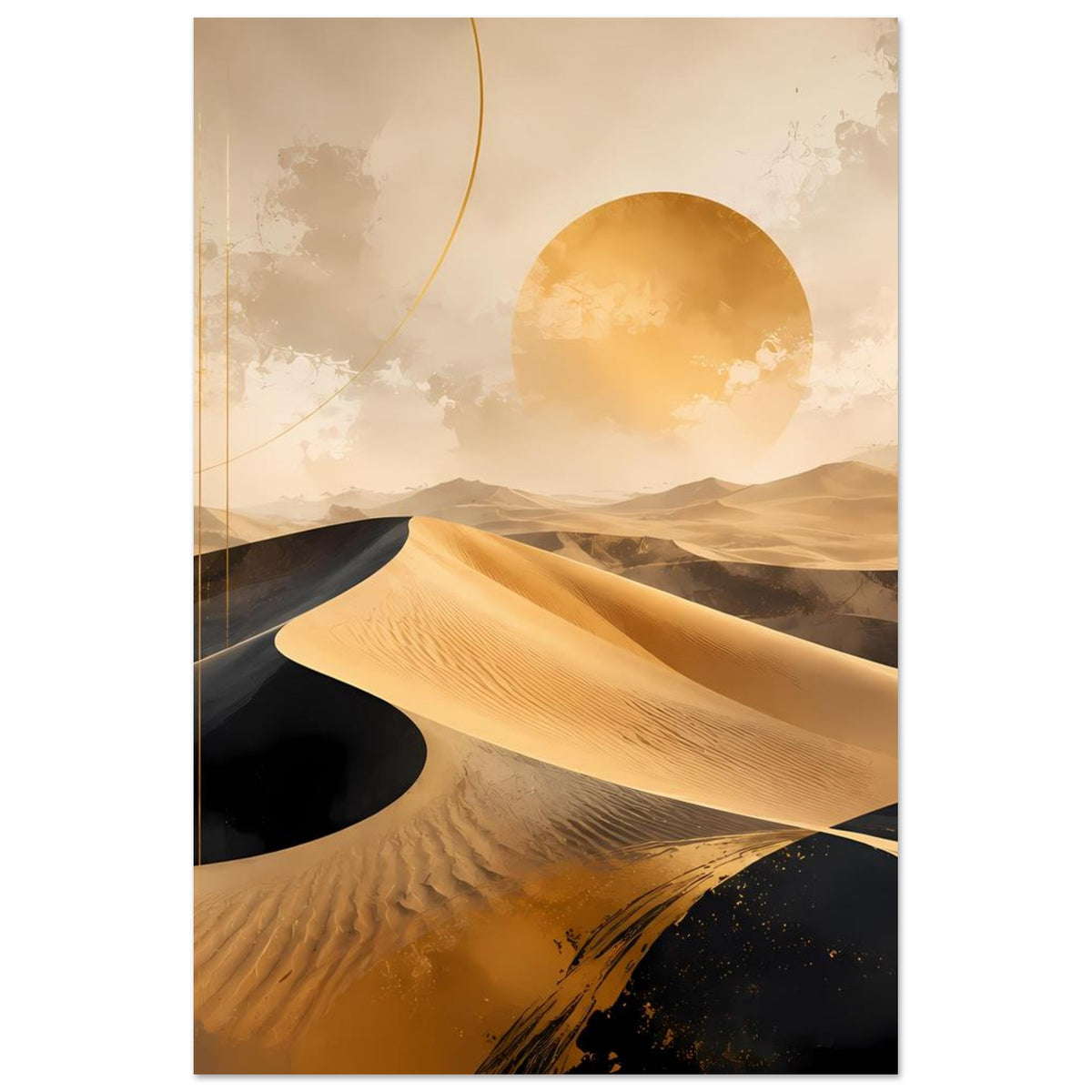Wandposter mit goldenen Dünen, dunklen Sandflächen und kreisförmiger Sonnenscheibe