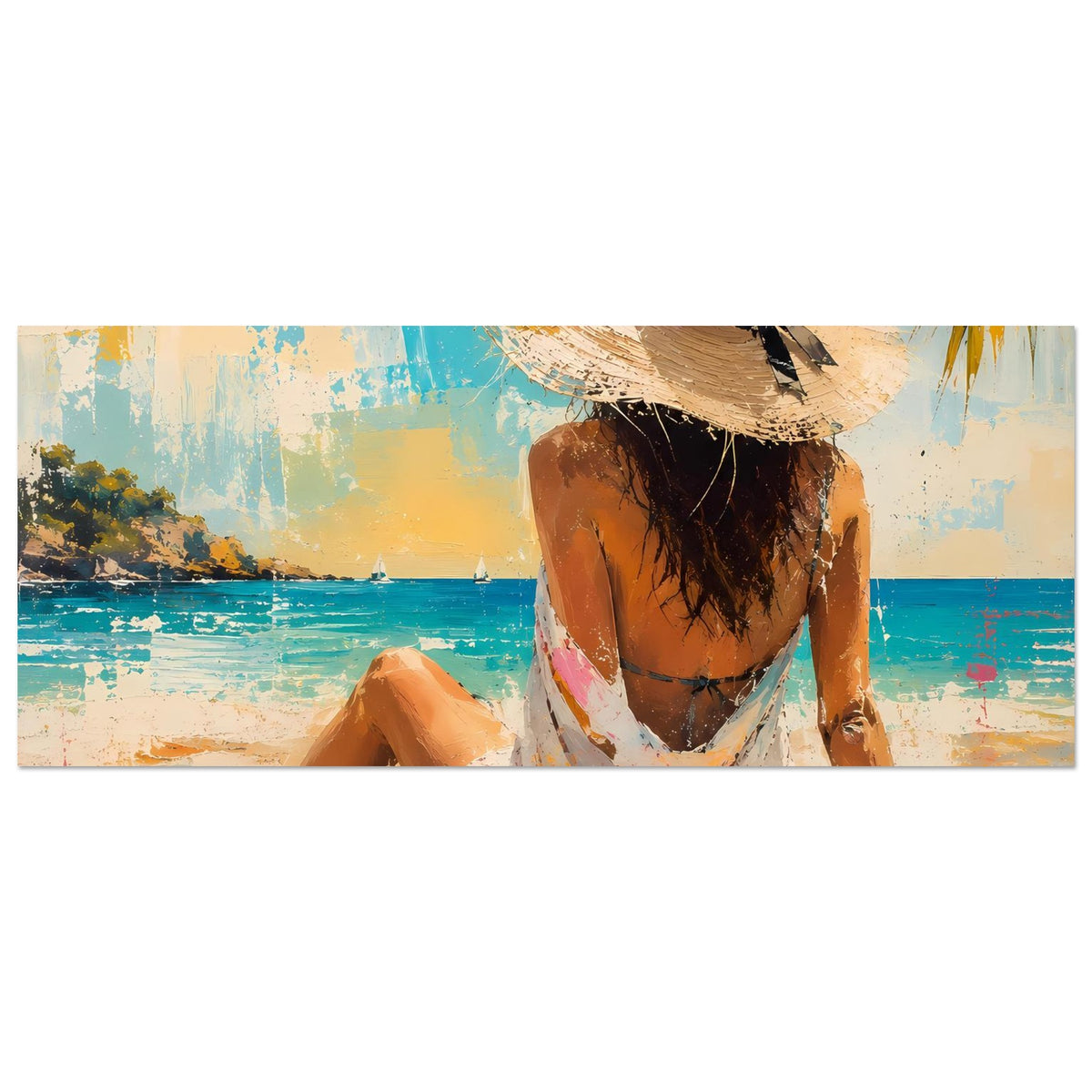 Sommerposter im Querformat, Ausschnitt der sitzenden Frau im Strohhut am Strand