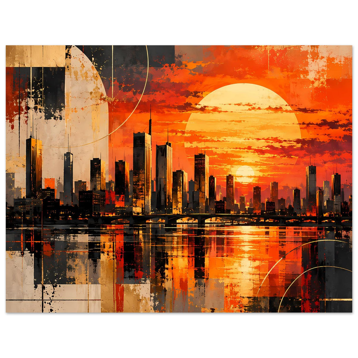 Poster im Querformat: orangefarbener Himmel, Sonnenhalbkreis über Stadtsilhouette mit Rahmen