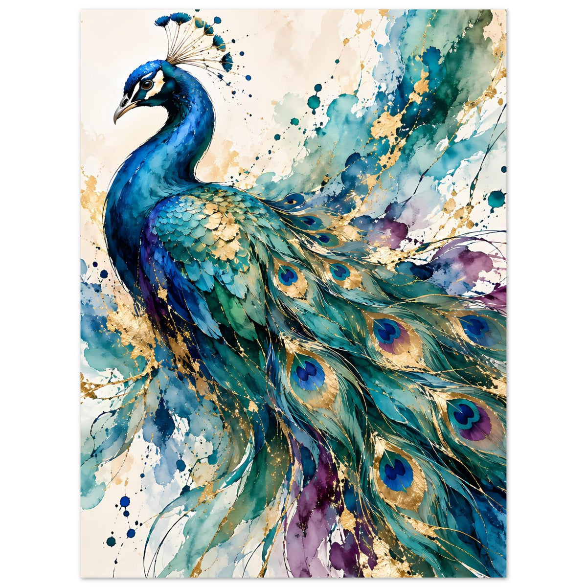 Pfau-Wandposter im Hochformat, Aquarell: gefiederte Schleppe in Blau, Grün und Violett