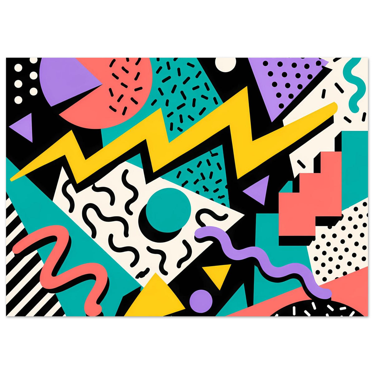 Buntes Memphis-Poster im Querformat mit geometrischen Formen und welligen Linien