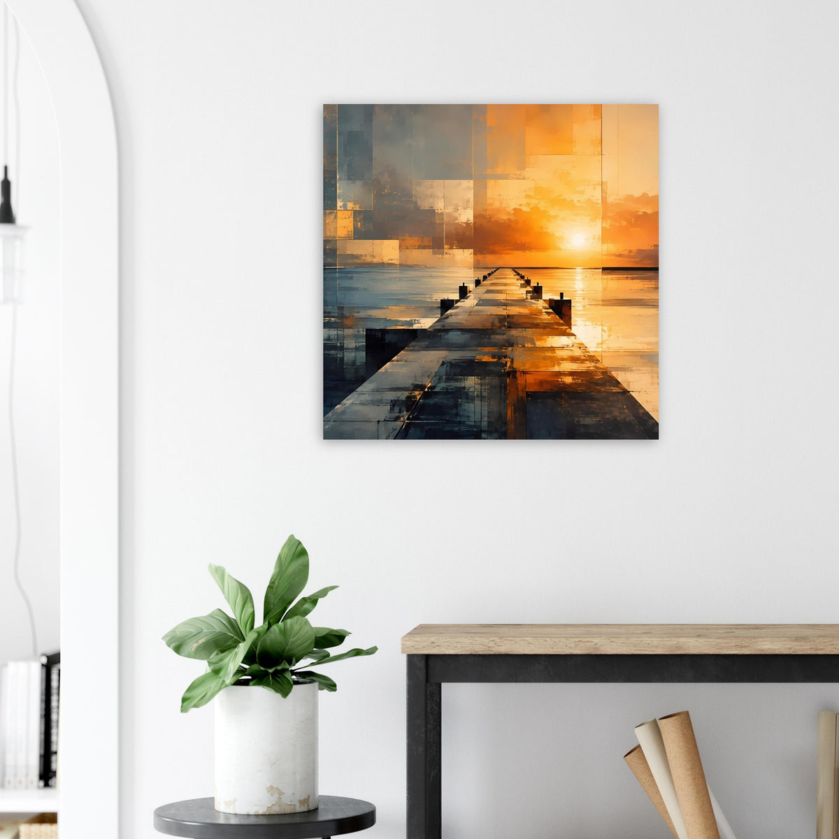 Abstraktes Wandposter mit Steg und Sonnenuntergang, rechteckig, blau-orange Farbflächen