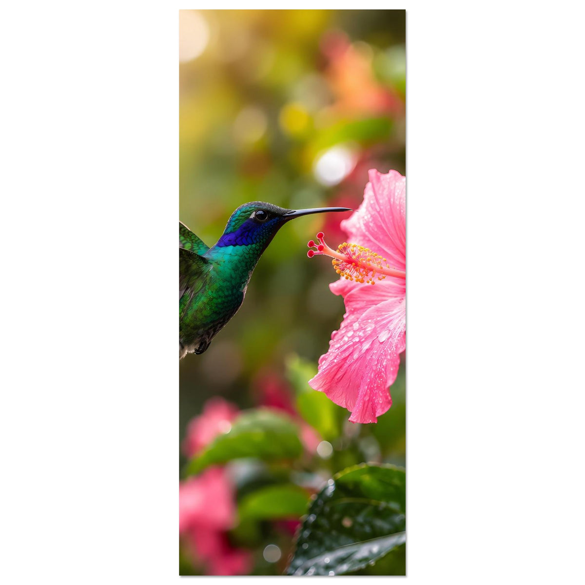Vertikales Poster mit Kolibri an rosafarbener Hibiskusblüte