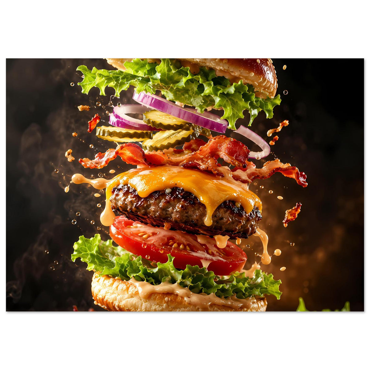 Querformatiges Burger-Kunstposter: saftiger Burger mit Salat, Käse, Bacon und spritzender Sauce.