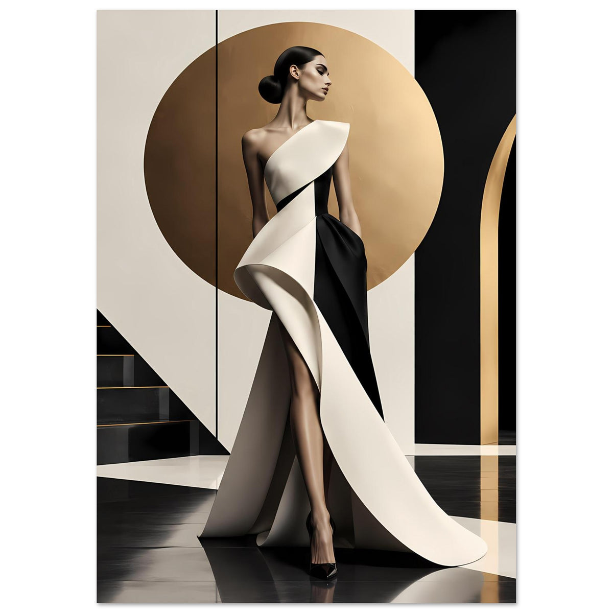 Poster im Hochformat: elegante Frau mit weißem, drapiertem Stoff und schwarzem Mantel
