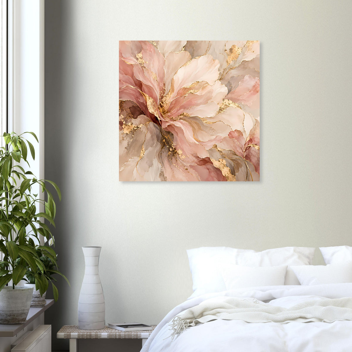 Blumenposter mit rosigen Blütenblättern und goldenen Adern, quadratisch