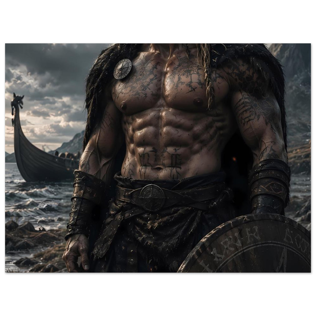 Fantasy-Poster: Wikingerkrieger mit Rundschild, Oberkörper frontal im Bildausschnitt