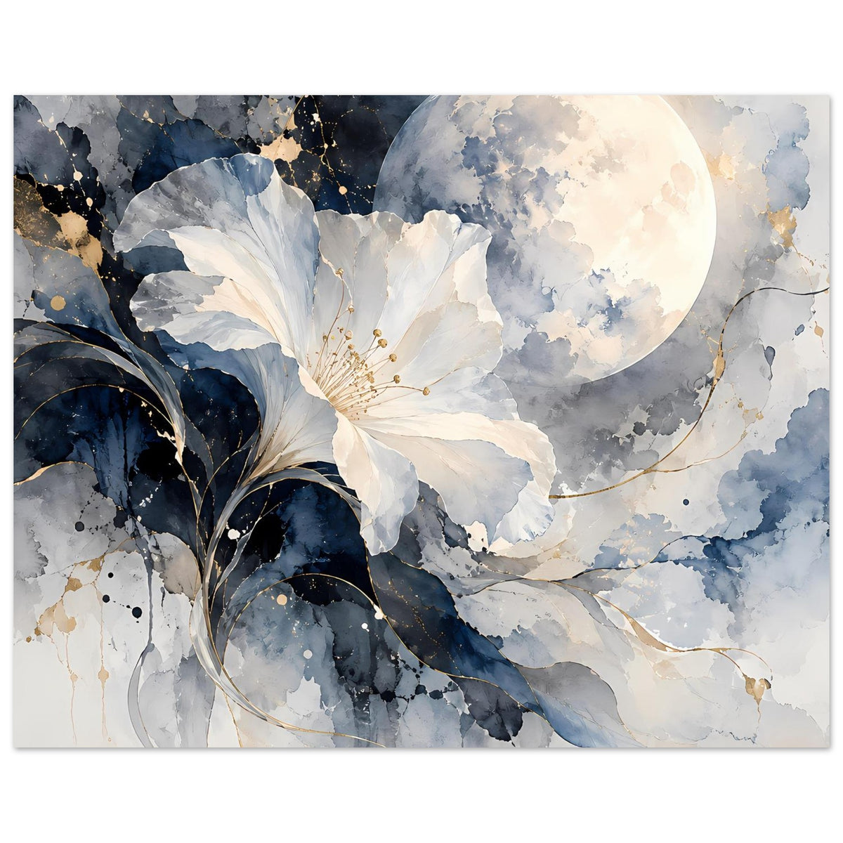 Poster-Detailansicht: weiße Blüte und Vollmond, Aquarellflächen in Blau mit goldenen Linien