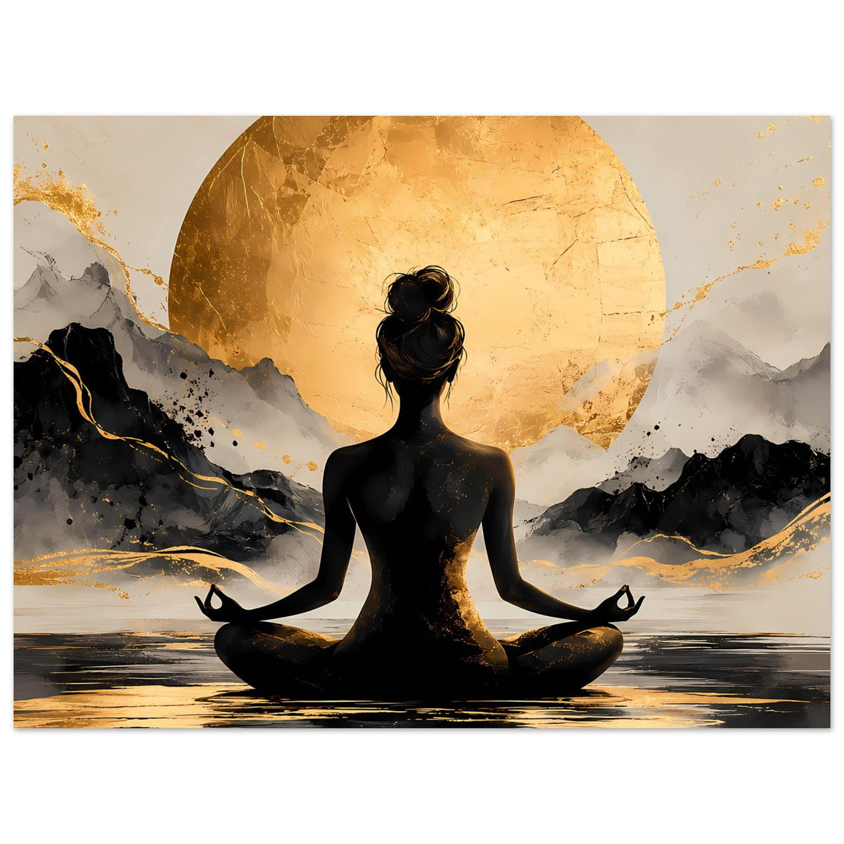 Poster mit sitzender Meditationssilhouette, goldener Sonne und dunkler Bergkulisse