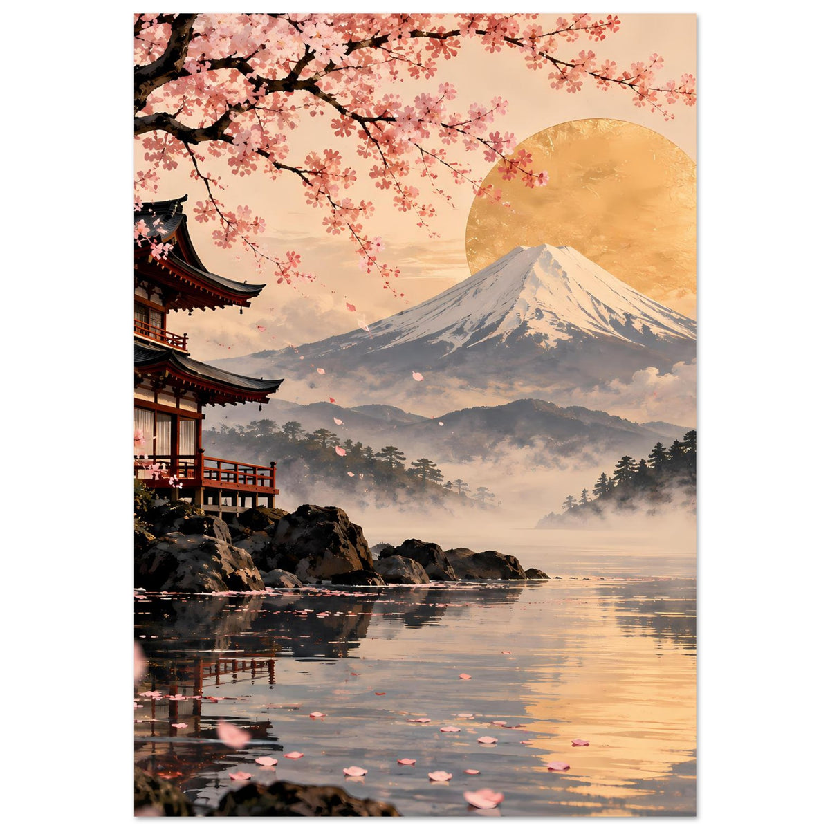 Poster: Fuji-Berg mit Sonnenkreis, Kirschblüten und Dunst über dem Wasser