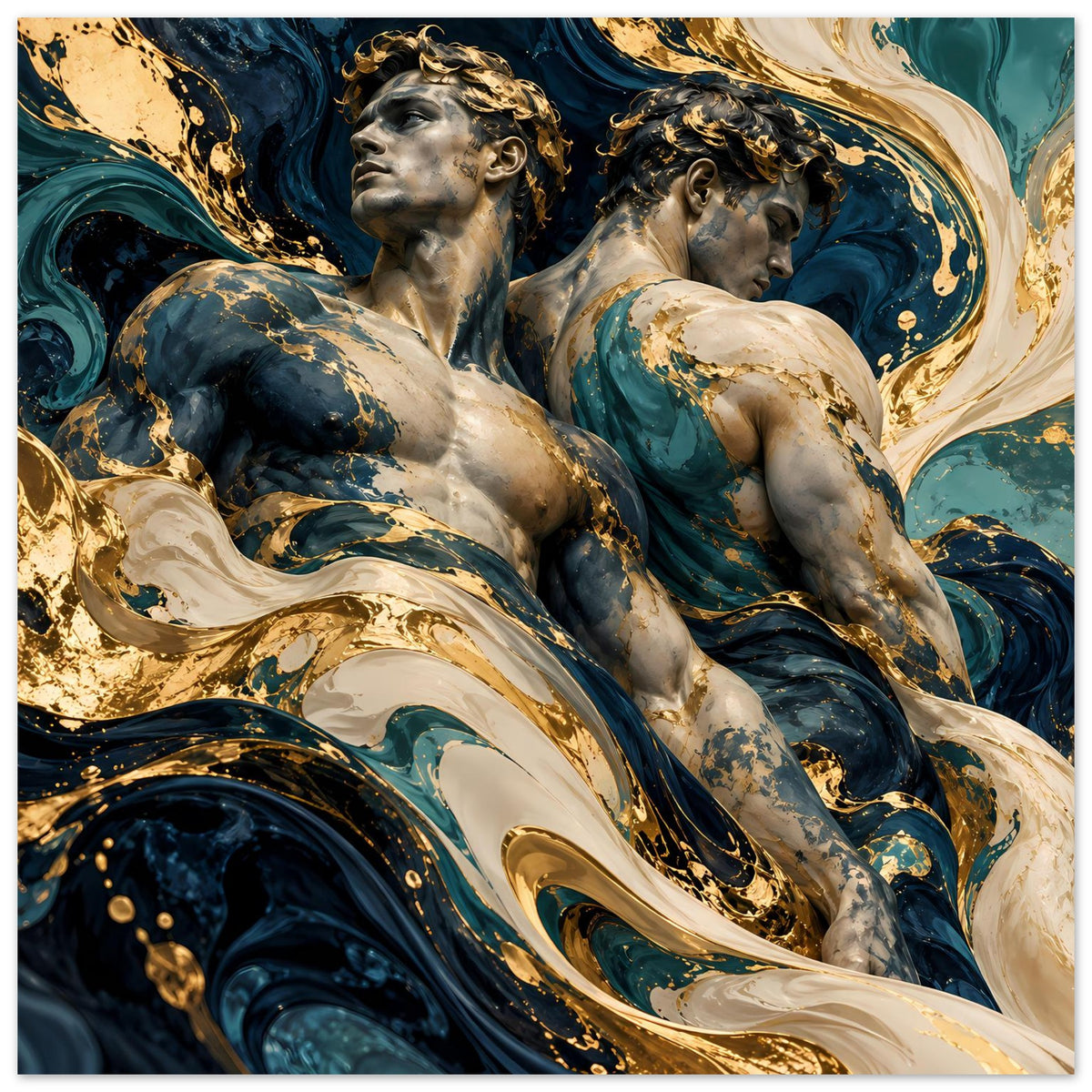 Kunstposter im Querformat: zwei Aktfiguren in Blau, Gold und Creme, wirbelnde Muster