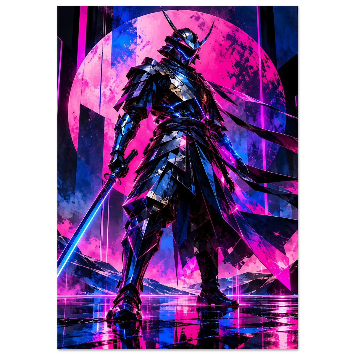 Poster mit futuristischem Samurai-Krieger, pink-blaue Neonimpulse, Fokus auf Oberkörper
