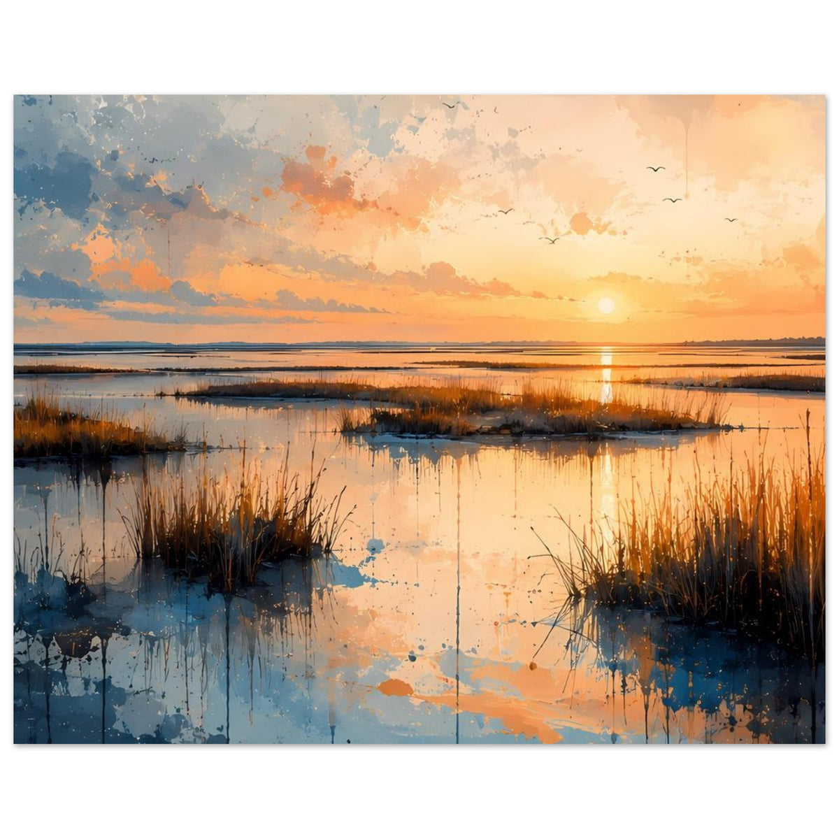 Poster mit Sonnenuntergang über der Küste, Himmel mit Wolken, Schilf und Spiegelung im Wasser