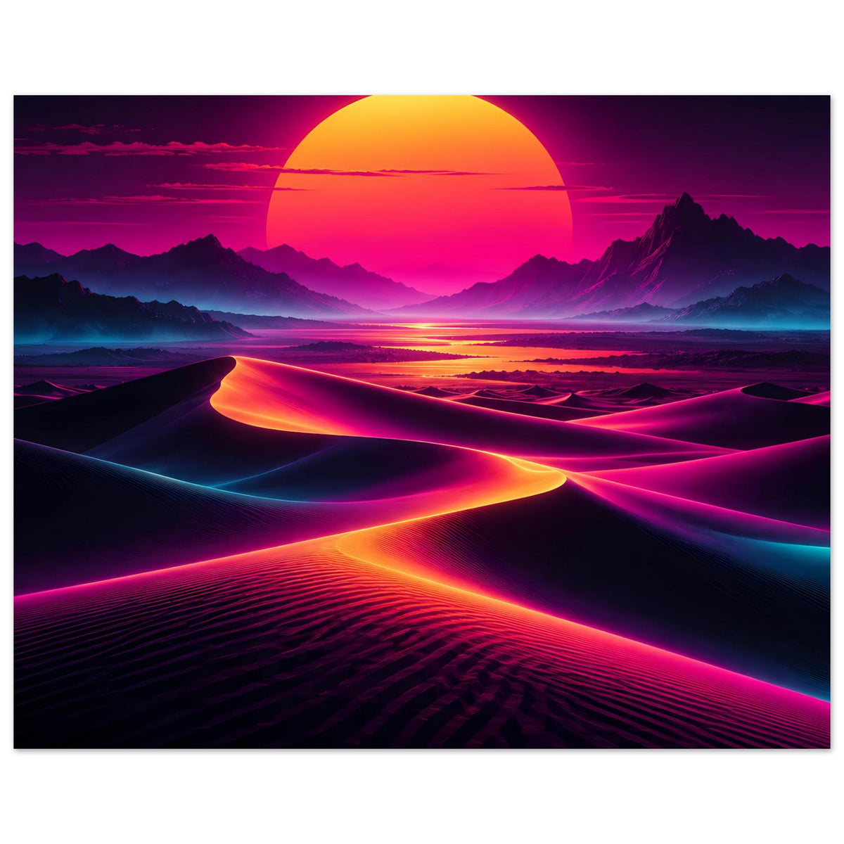 Neon-Sonnenuntergangs-Poster: großer orangefarbener Sonnenbogen, Dünenlandschaft mit leuchtendem Pfad