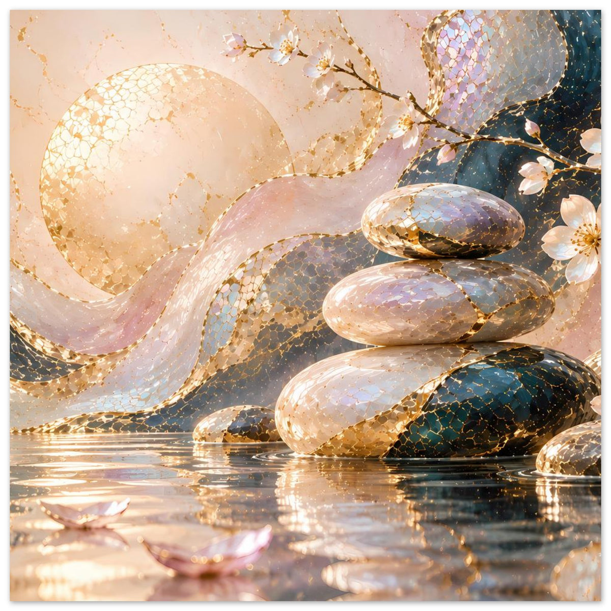 Horizontales Poster: Steinstapel mit goldenen Glanzspuren und abstraktem Pastell-Wellenmuster
