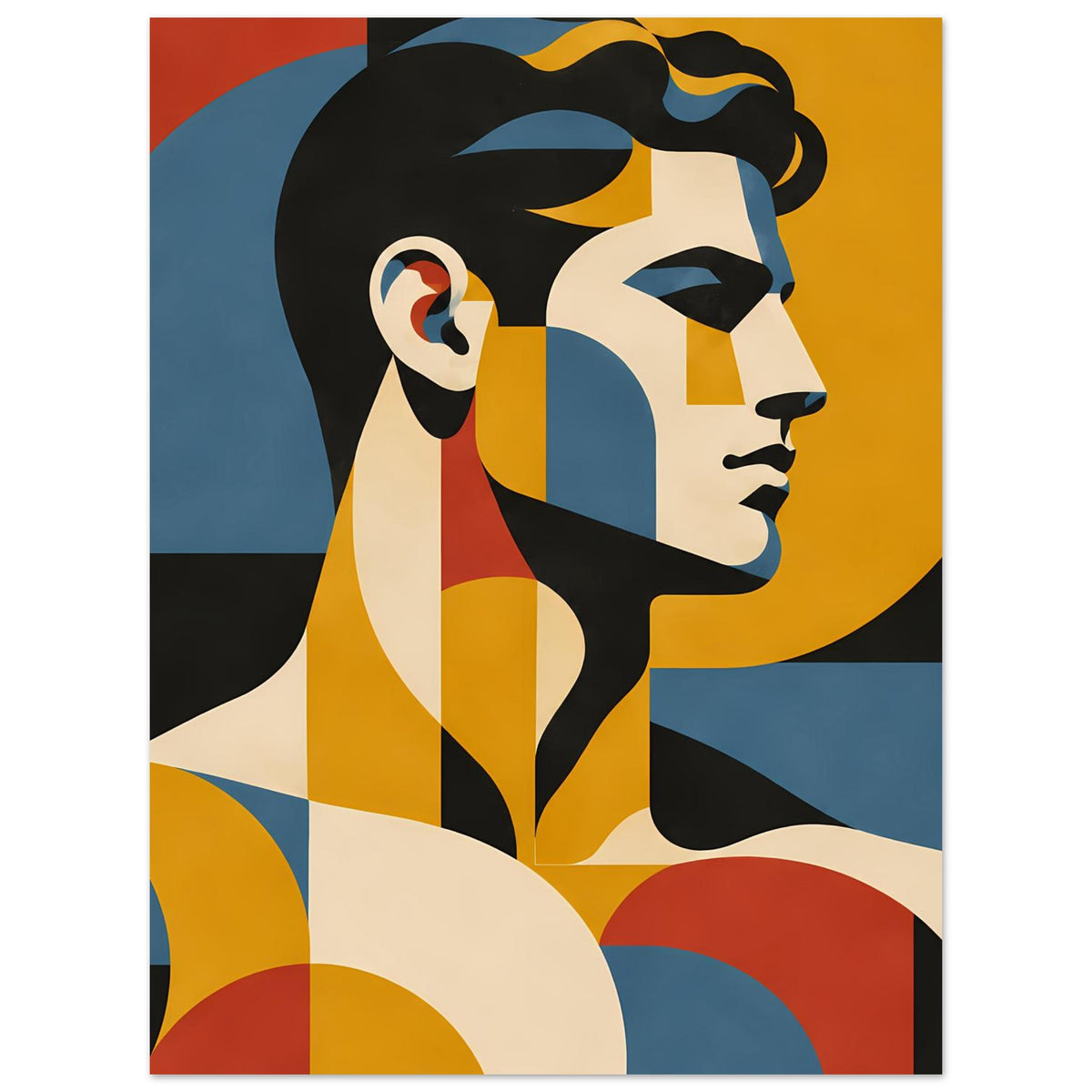 Geometrisches Portrait-Poster mit Frauengesicht im Profil, große gelbe Kreisform im Hintergrund