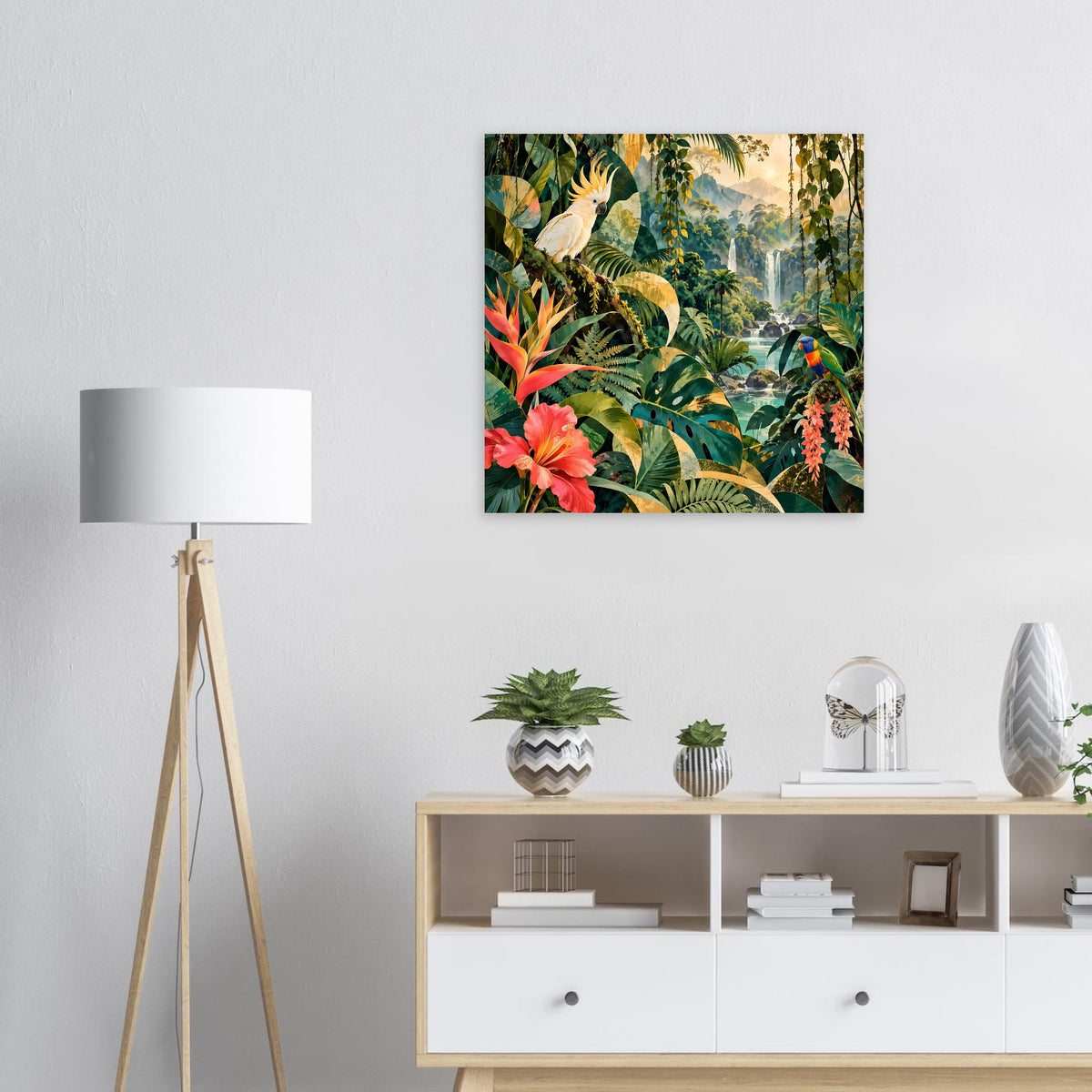 Quadratisches Poster mit Dschungelpflanzen und Papageien in satten Farben