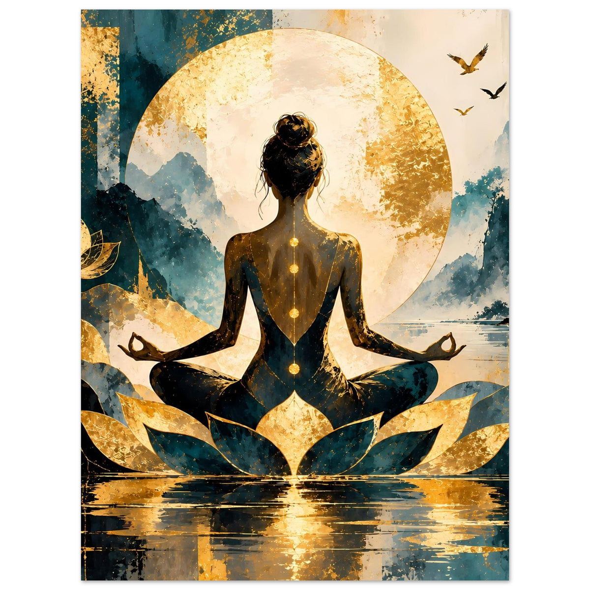 Poster Hochformat: Silhouette der Meditationsfrau im Lotus, goldene Sonne, blau-goldenes Motiv
