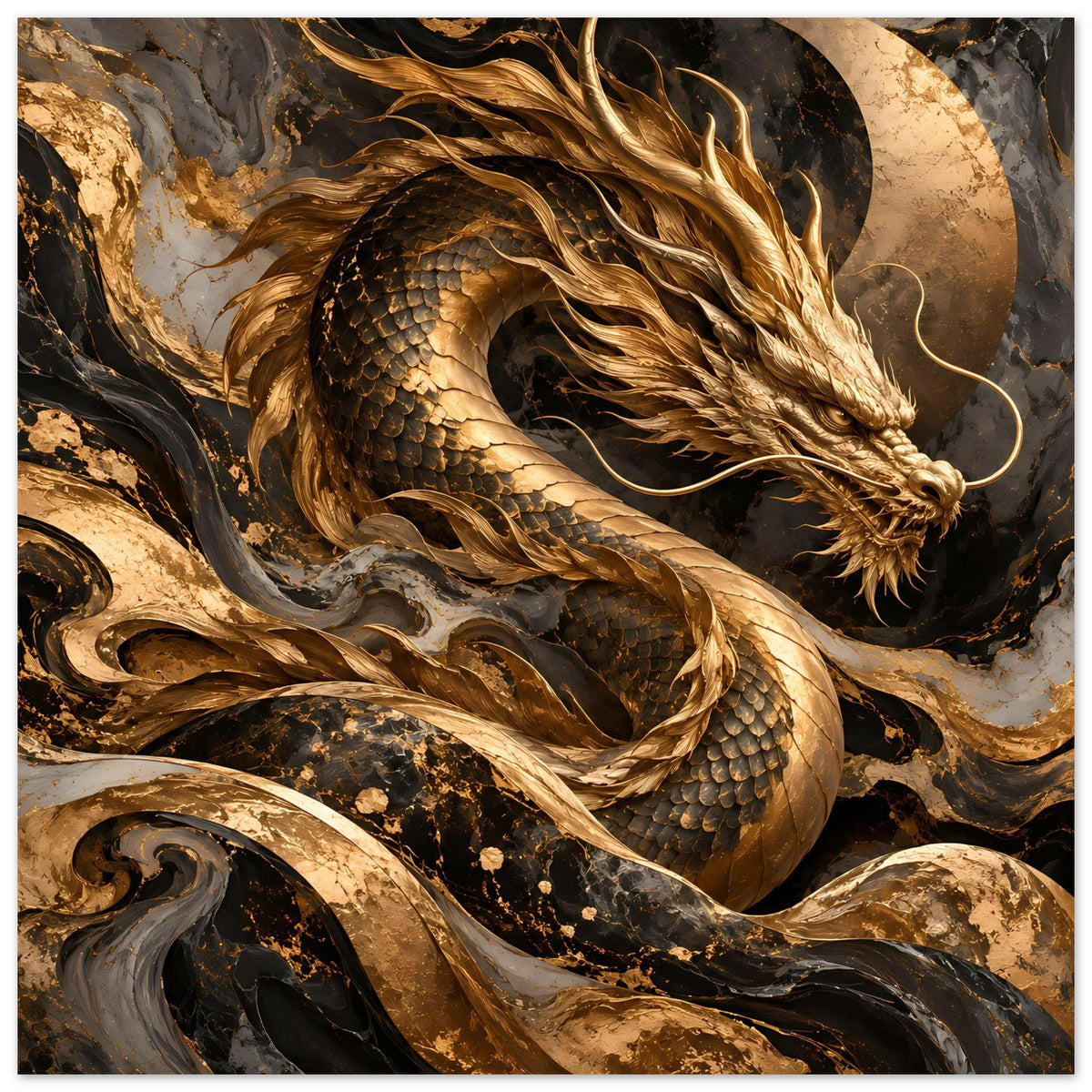 Fantasy-Poster: goldener Drache, komplett sichtbar mit Kopf, Körper und Flammenmähne.
