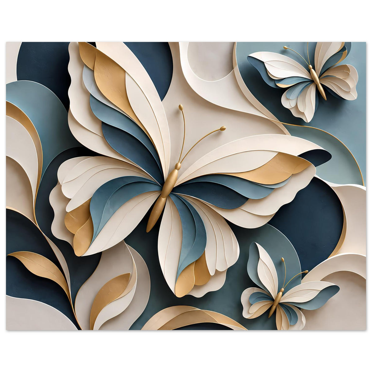 Schmetterlingskunst-Poster, florales Muster mit großen Schmetterlingen in Blau und Gold