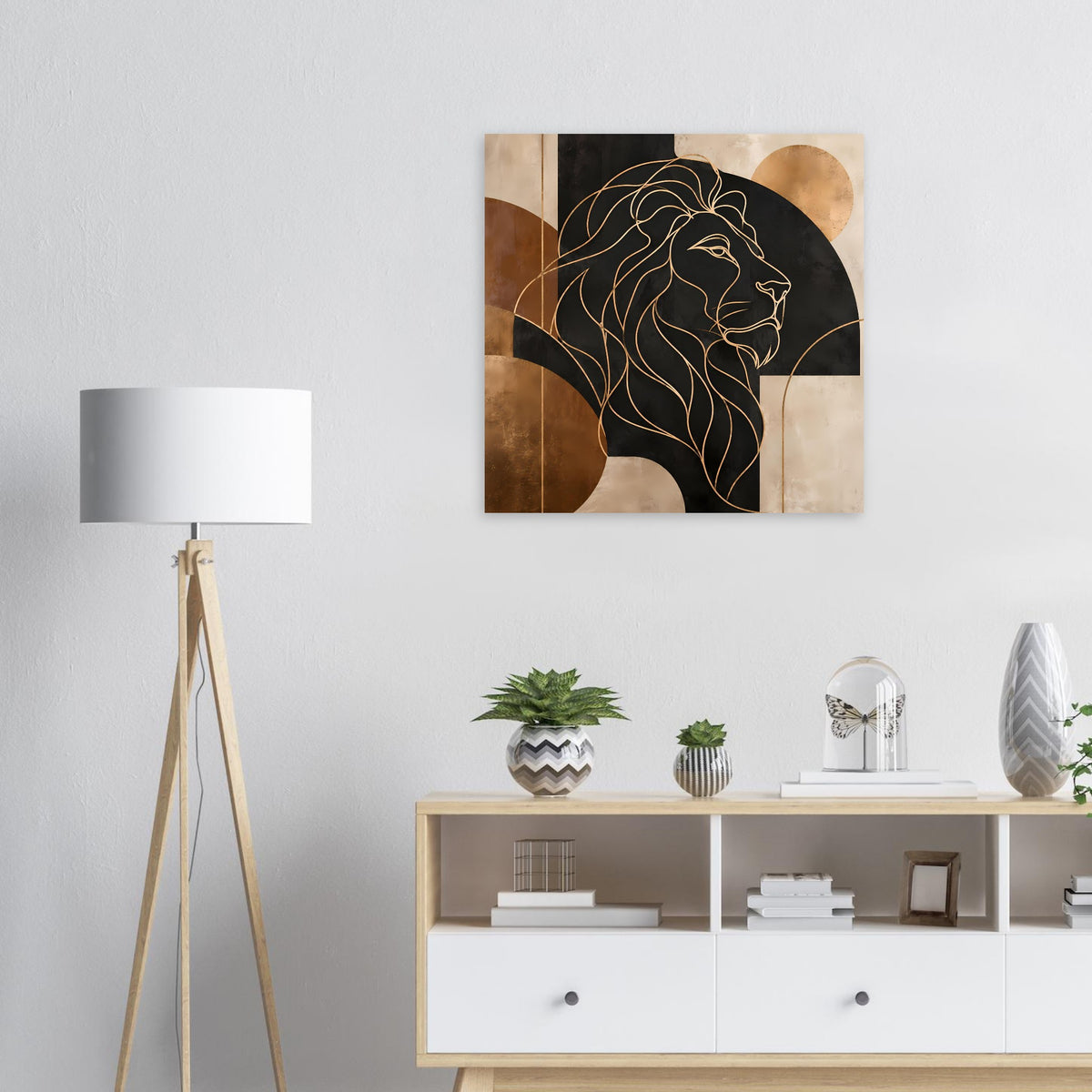 Wandposter mit geometrischem Löwenprofil in Gold- und Bronzetönen, feine Linien