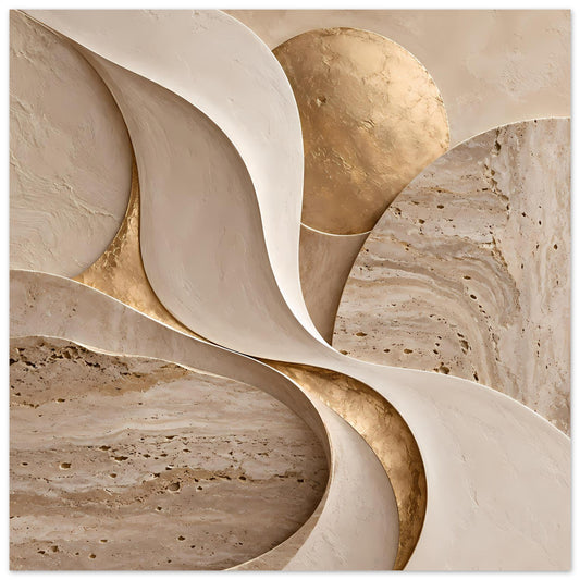 Kunstposter mit abstrakten goldenen Linien und beigen, gewölbten Wellenbögen