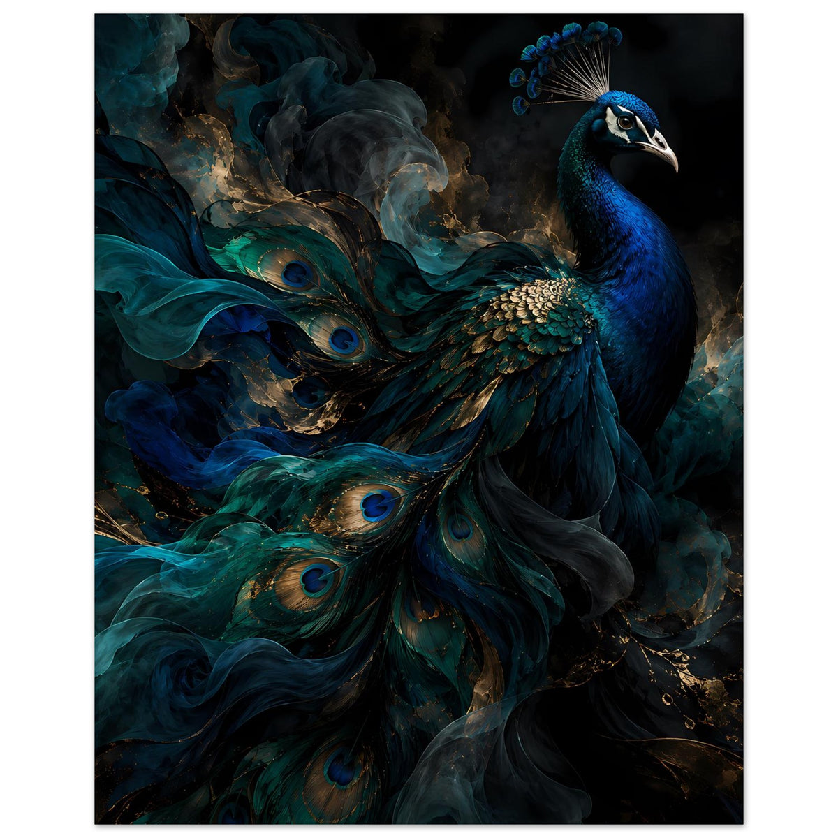 Kunstposter mit Pfau, ausladende Federn in Blaugrün, goldene Federkanten sichtbar