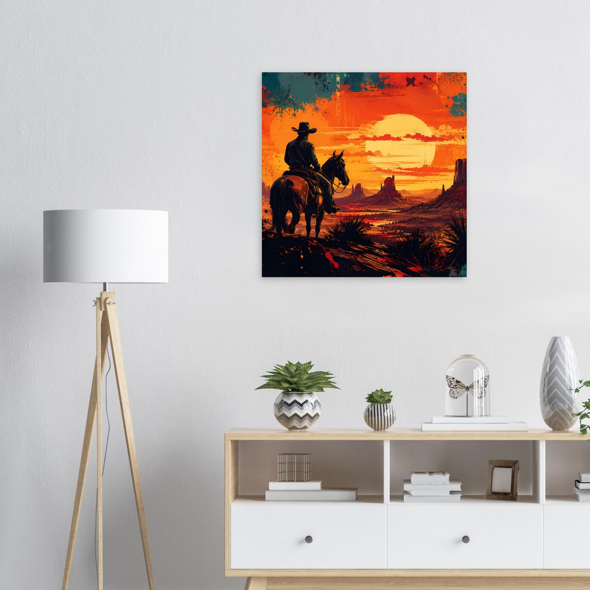 Quadratisches Western-Cowboy-Poster: Cowboy zu Pferd vor Abendhimmel in Orange und Rot