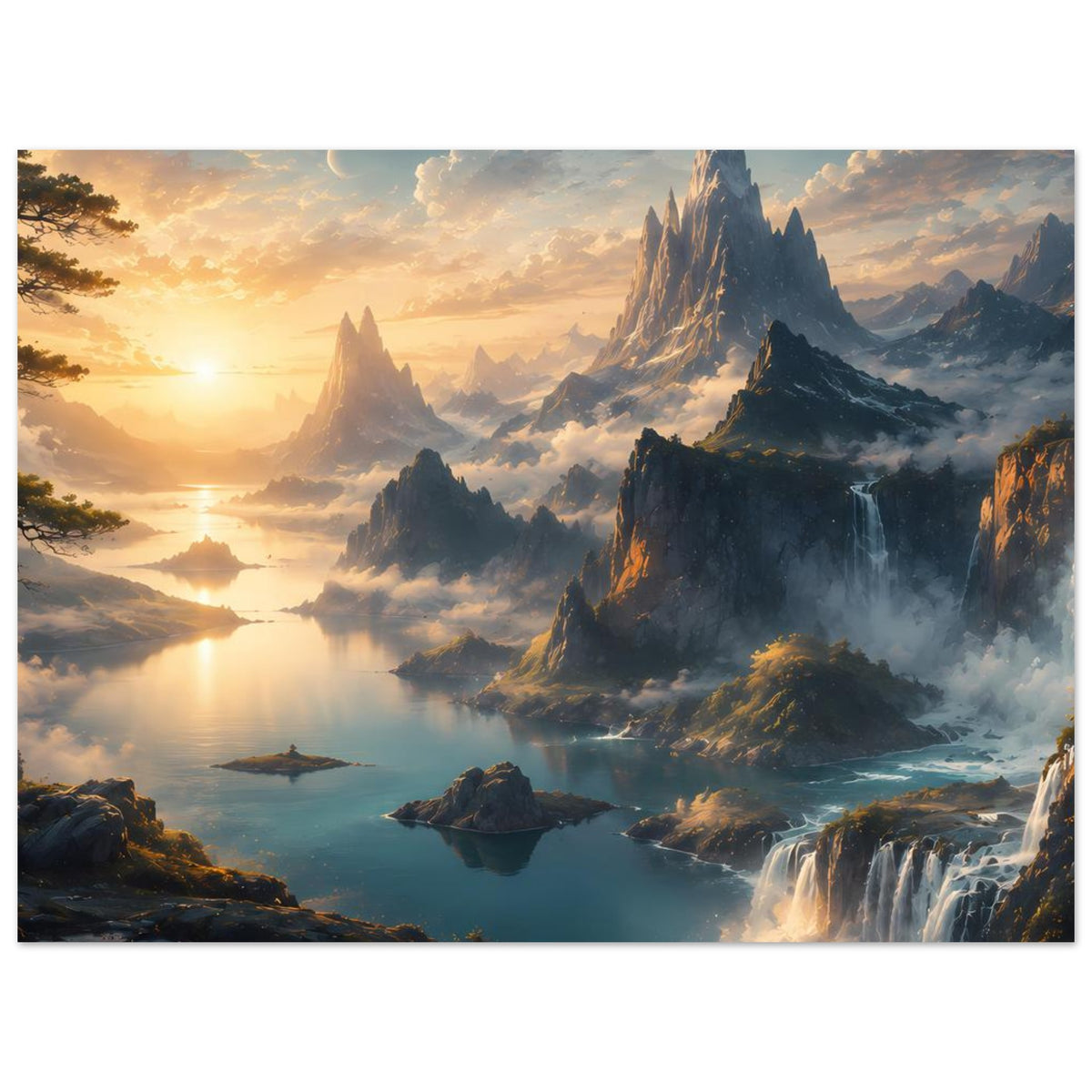 Horizontales Poster mit dramatischen Bergen, Wasserfall und spiegelndem Wasser im Licht