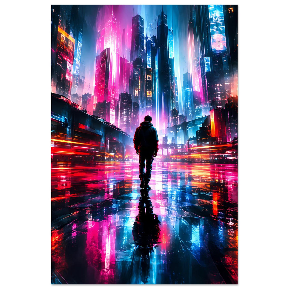 Hochformat-Cyberpunk-Poster: Neonstadt in Blau, Pink und Orange mit Personensilhouette.