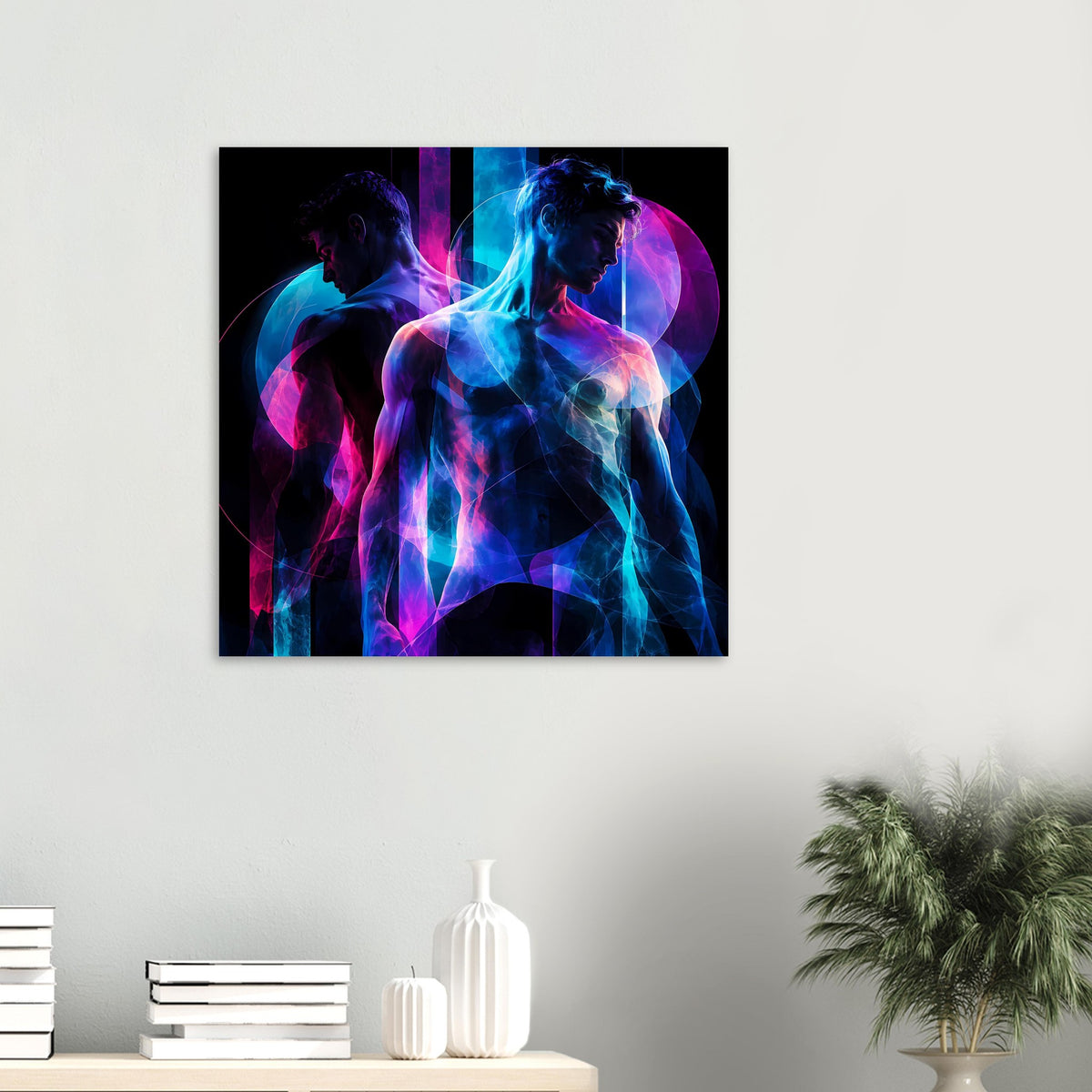 Neon-Kunstposter, gerahmt: zwei Figuren in Blau und Pink, leuchtende Lichtspuren