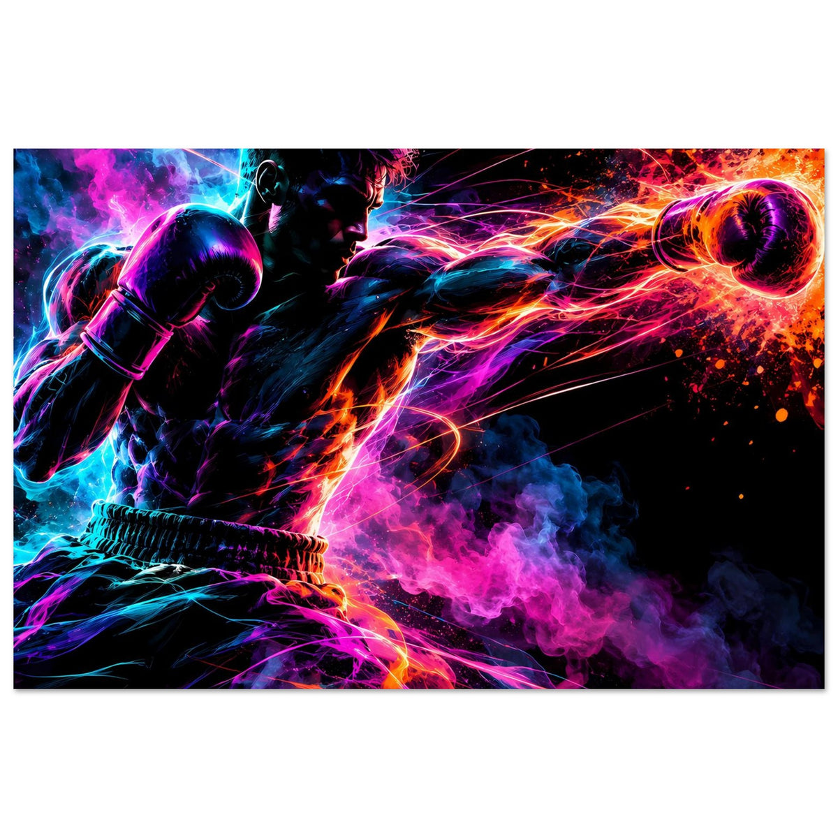 Neon-Boxer-Poster: dynamischer Kämpfer mit Boxhandschuhen, Nebel und Neon-Linien