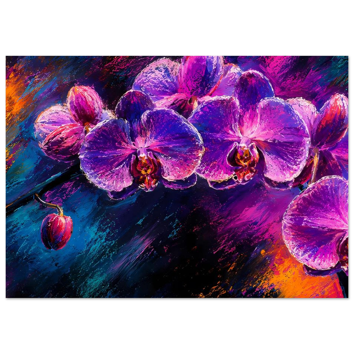 Querformat-Poster mit Orchideen in Lila und Pink auf abstraktem Farbverlauf