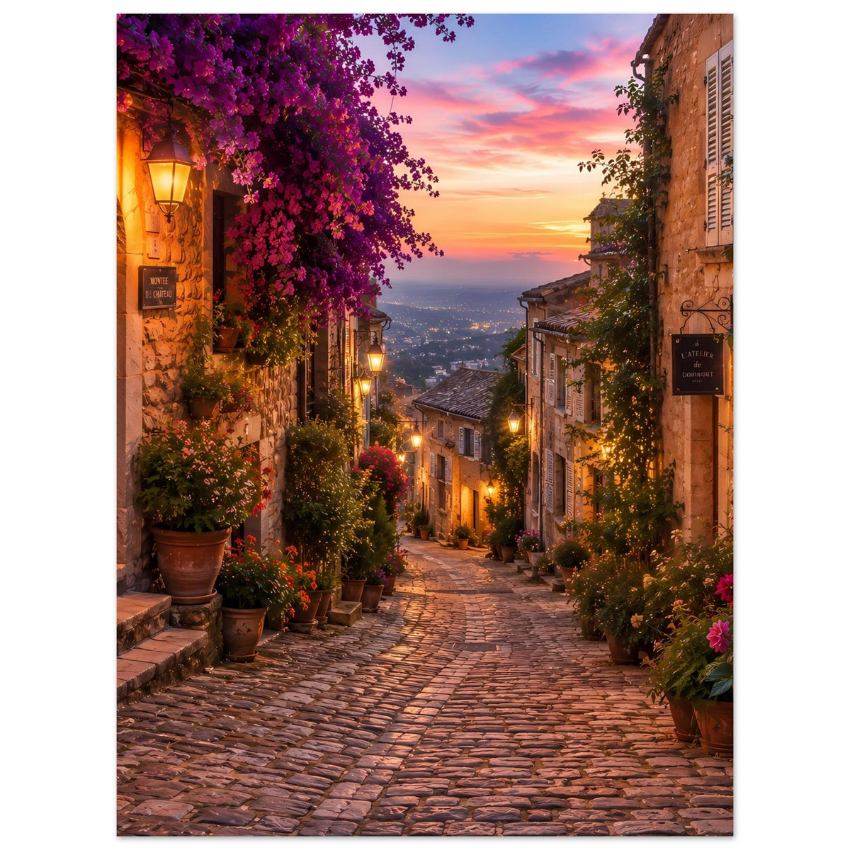 Poster mit romantischer Dorfstraße, warmen Laternen, hängenden Blüten und Abendhimmel