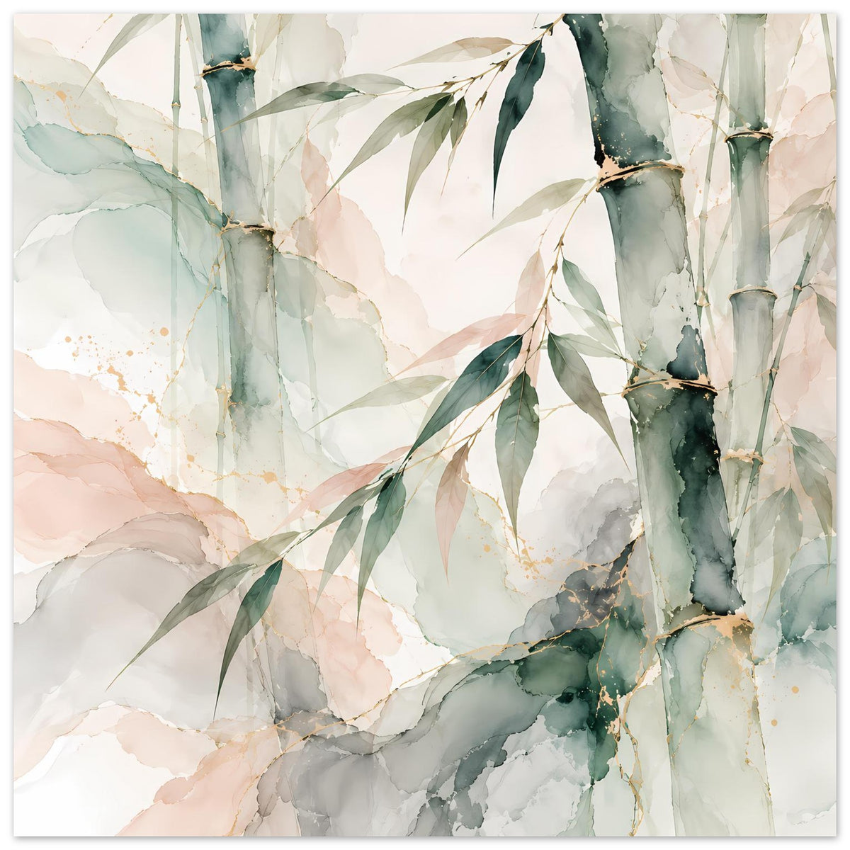 Naturposter mit Aquarell-Bambus in sanften Grün- und Beigetönen, mit Blättern und Rahmen
