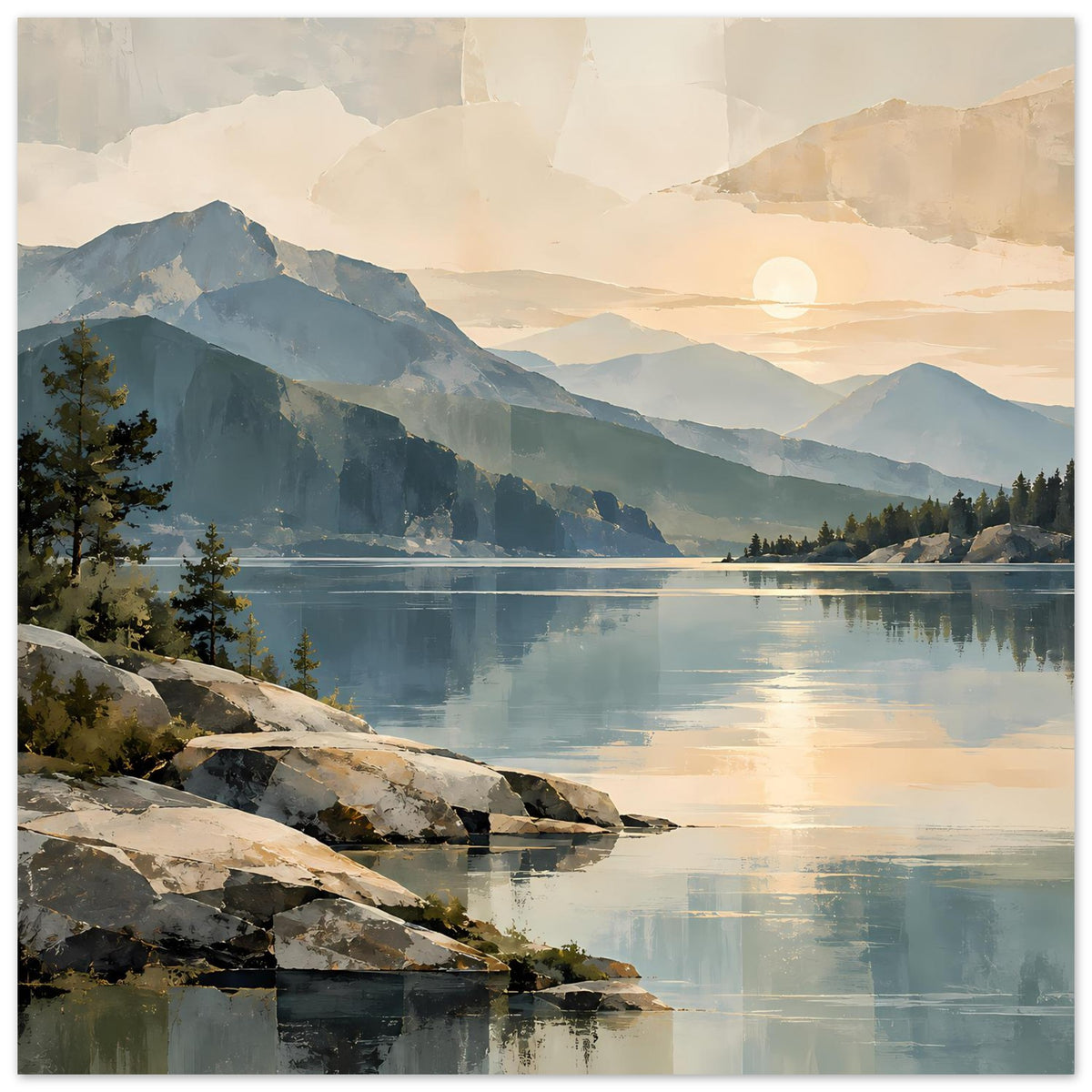 Poster mit Alpenlandschaft: Sonnenaufgang über dem See, Berge, Bäume und Uferfelsen