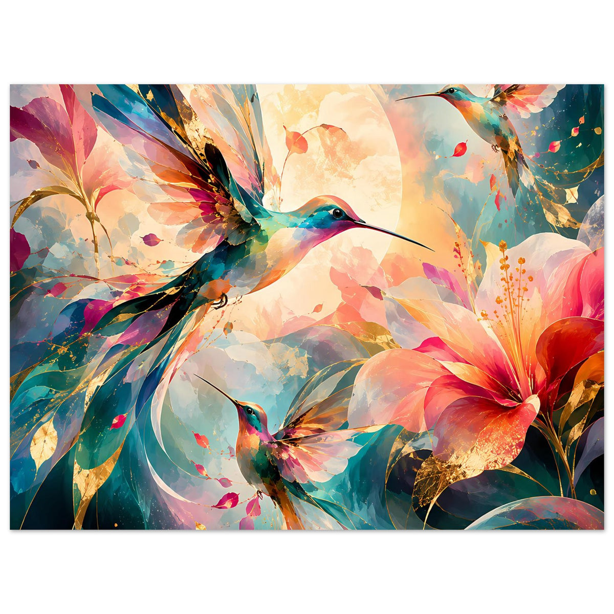 Kunstposter mit Kolibris und großen Blüten, kräftige Farbmischung und Federdetails