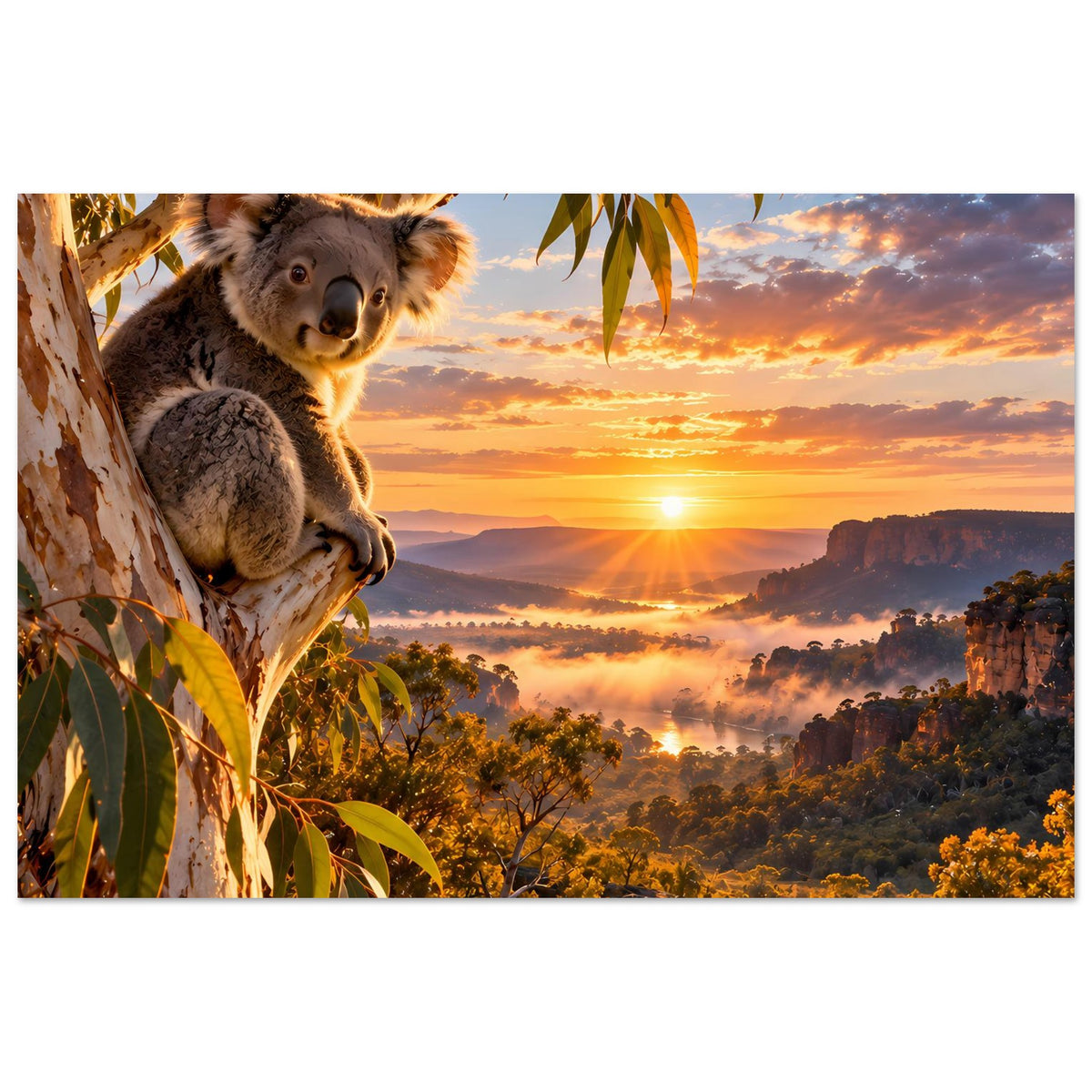 Koala-Poster im Querformat mit Sonnenball, nebligen Tälern und Ästen mit Blättern