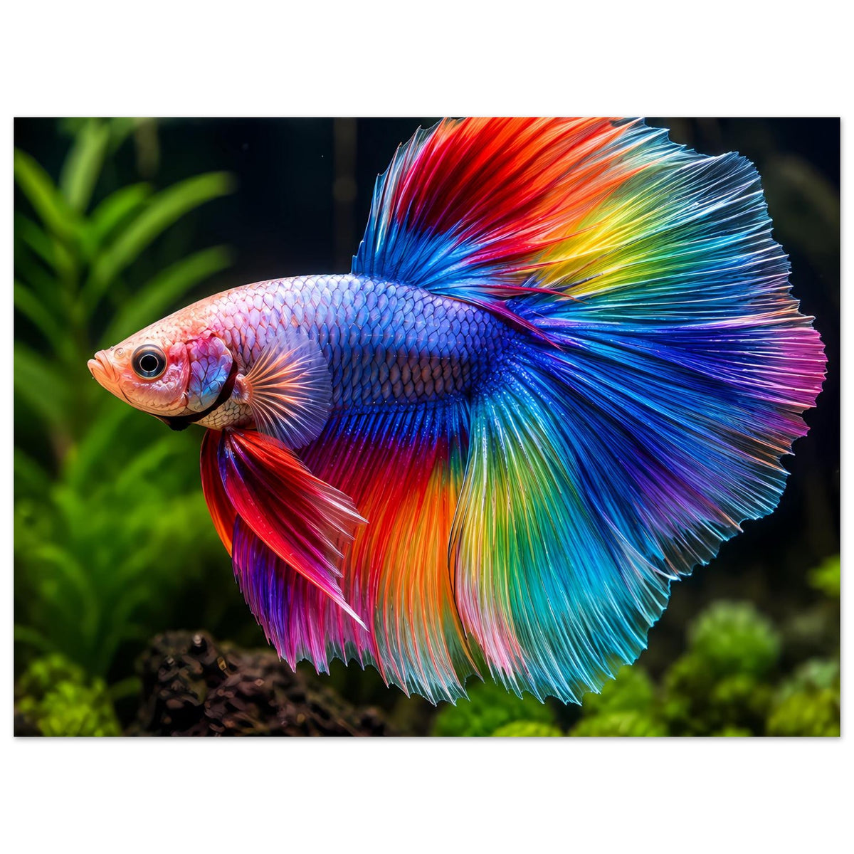 Betta-Fisch-Poster, großflächige Nahansicht der Regenbogen-Schwingenflossen